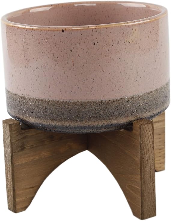 Flora Bunda Mid Century 5.1 inch Lava Ceramic ON Wood Stand,Pink and Mauve