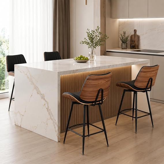 Breakfast Bar Stools, 360° Swivel Kitchen Stools Modern Style, Armless Barstools 27" Height with Metal Legs, Bar Chairs with Upholstered PU Leather (Black, Set of 4)