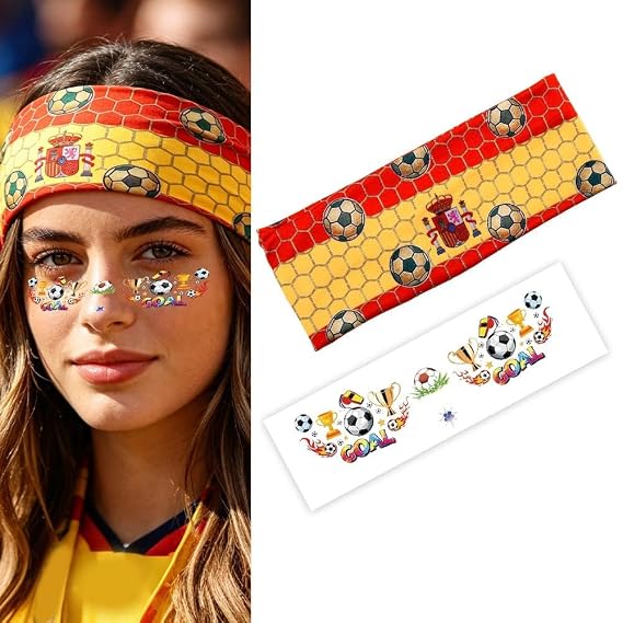 Spain Flag Headband with Soccer Stickers Spain Flag Sport Headband for Fans SoccerFace Temporary Tattoos for Kids Adults Soccer Themed Birthday Party Decorations for Women Men