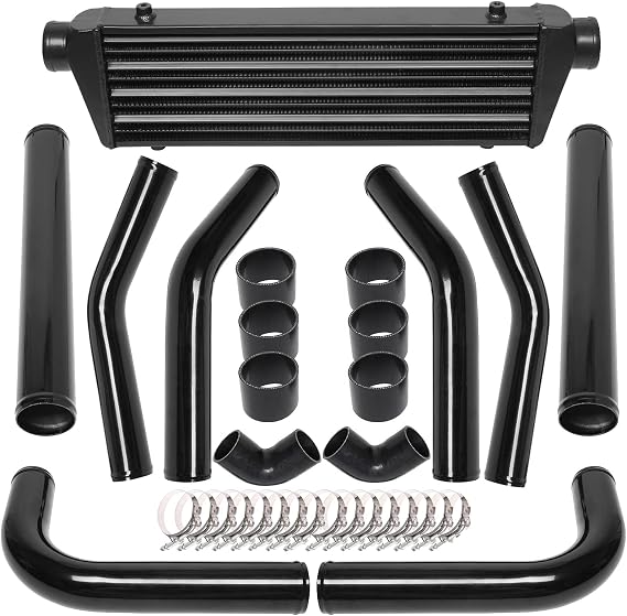 28" x 7" x 2.5" Universal Turbo Intercooler Kit with Intercooler + 8pcs Bent Pipes + 6pcs Straight Couplers + 2pcs 90 Degrees Elbow Couplers + 16pcs Clamps Black (8Pcs Black)