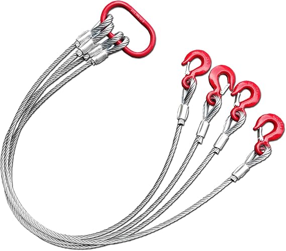4 Leg Wire Rope Sling 3.0Ton 1/2Inch X 5 Ft - 6610lb Vertical Rated Capacity Heavy Duty With Sling Hooks for Lifting and Towing 4 Leg-3ton
