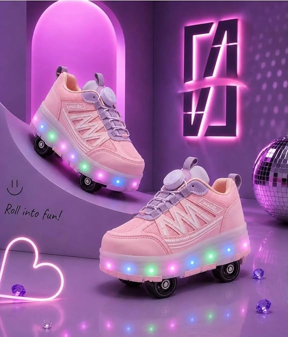 Garantili & Üst Kalite Işıklı Çocuk Paten Ayakkabısı | 4 Tekerlekli Kaykay Sneaker (29-37 Numara - Renk Pembe)