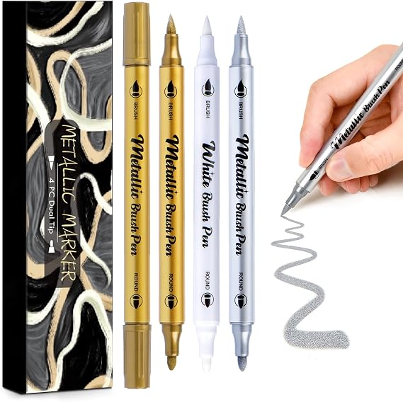 HNIHUY Metallic Markers Pens, White Silver and Gold Pens, 4 Pack | Metallic Paint Pens for Black Paper, Glass, Rock Painting, Halloween Pumpkin, Card Making, Scrapbooking, Photo Album