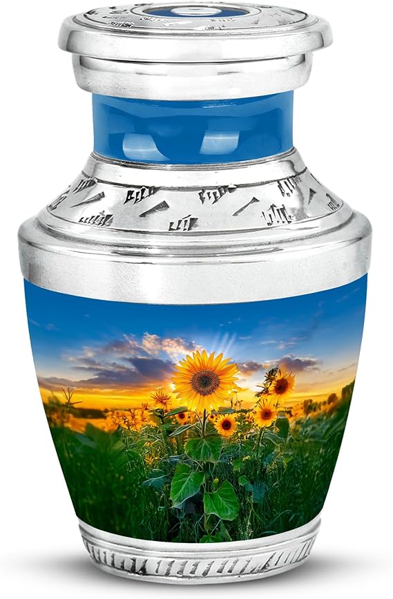 Fashionzaadi Sunflower Small Urns for Human Ashes - Tiny Urn for Ashes Adult Women - Blue Cremation Urns for Men - Keepsake Urn for Mother (3 Inch)