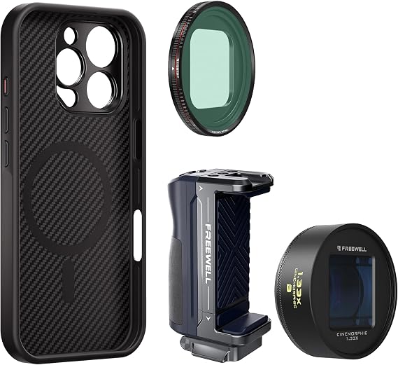 Freewell Pro Filmmaker Bundle for iPhone 16 Pro Max: Case,1.33x Blue Anamorphic Lens, Grip, VND 1-5 Filter