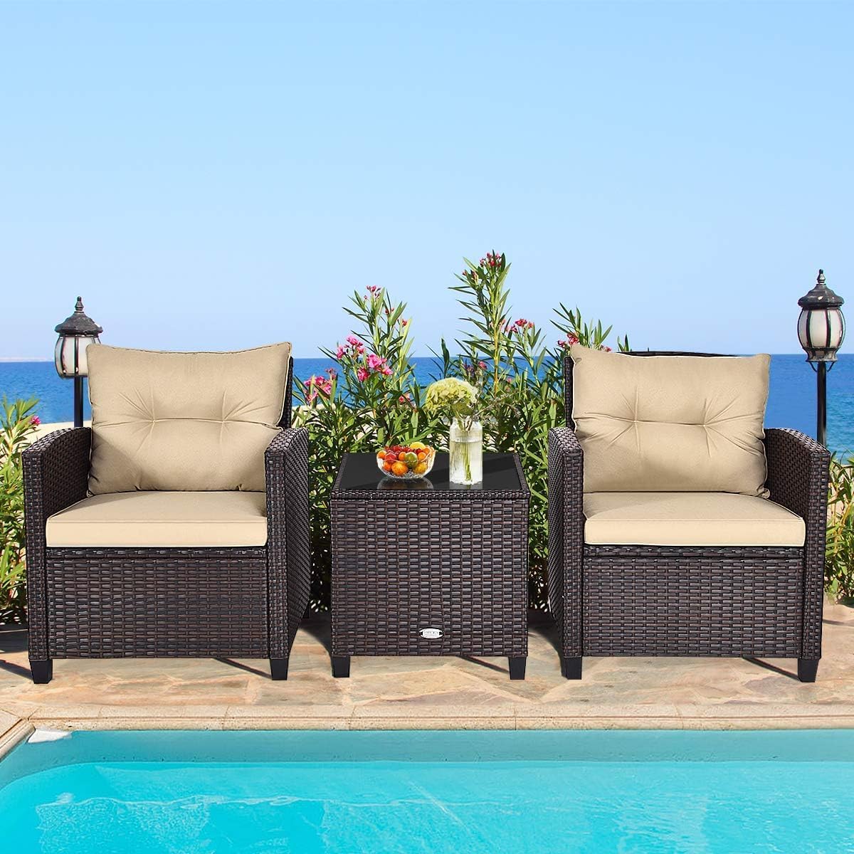 LDAILY Patio Furniture Set, 3 Pieces PE Rattan Wicker Patio Sofa Chairs with Washable Cushion & Glass Table, Outdoor Furniture Conversation Sets for Porch, Balcony, Garden, Poolside Beige