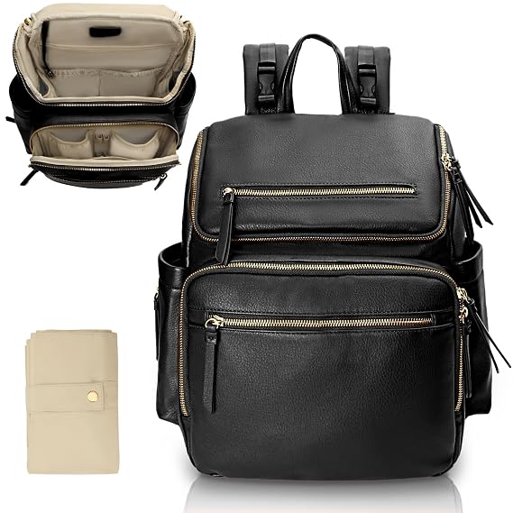 Omanmoli Diaper Bag Backpack Baby Diaper Bag Leather with 17 Diaper Bag Organizing Pouches,Changing Pad,Stroller Straps,4 Insulated Pockets,Black