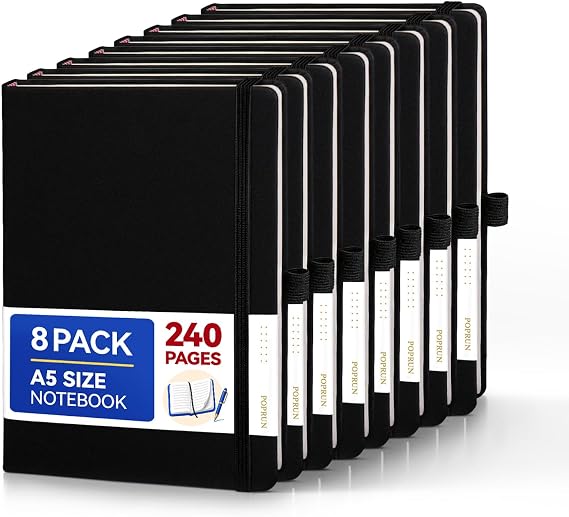POPRUN 8 Pack Lined Journal Notebooks for Work, 240 Pages, 5.5"x8.3", Black