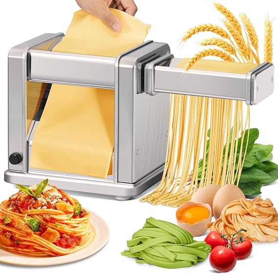 Domestic Electric Pasta Maker Automatic Stainless Steel Noodle Machine with Adjustable Dough Roller/Cutter for Home Handmade Spaghetti, Fettuccini, Lasagna, Pie Crust, Dumpling, Wonton