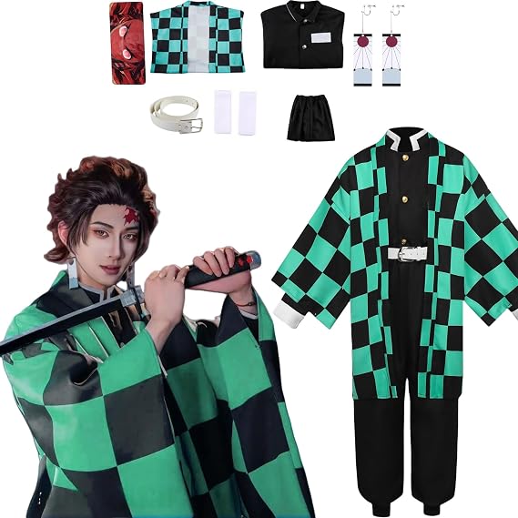 Kamado Full Set Men Cosplay Kamado Women Plus Size Costume Green Coat Adult Green kimono Halloween Party