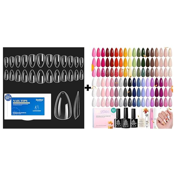 Beetles Gel Nail Tips Soft Nail Extension 504Pcs 12 Sizes Pre-Shape Clear Short Almond with Polish 44pcs Fall Nail Polish Set 36 Colors