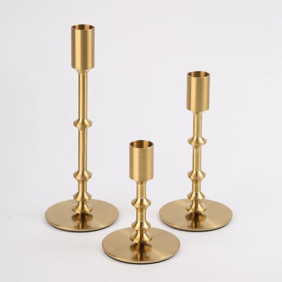 Gold Modern Candle Holders with a Brushed Metal Design,Set of 3