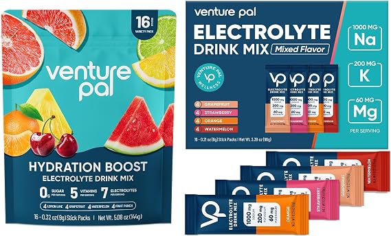 Venture Pal Electrolyte Powder Bundle High Sodium & Daily Hydration Mix | Sugar-Free | 12 Electrolytes + 5 Vitamins | Vegan, Keto, Zero Calories | 32 Total Sticks for Fast Rehydration
