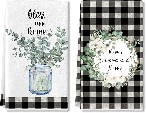 Eucalyptus Leaves Kitchen Dish Towel , 2 Pack Bless Our Home Sweet Home Quotes Buffalo Plaid Absorbent Kitchen Towel, Absorbent Drying Tea Towels for Cooking Baking, 18 x 28 (Eucalyptus Leaves)