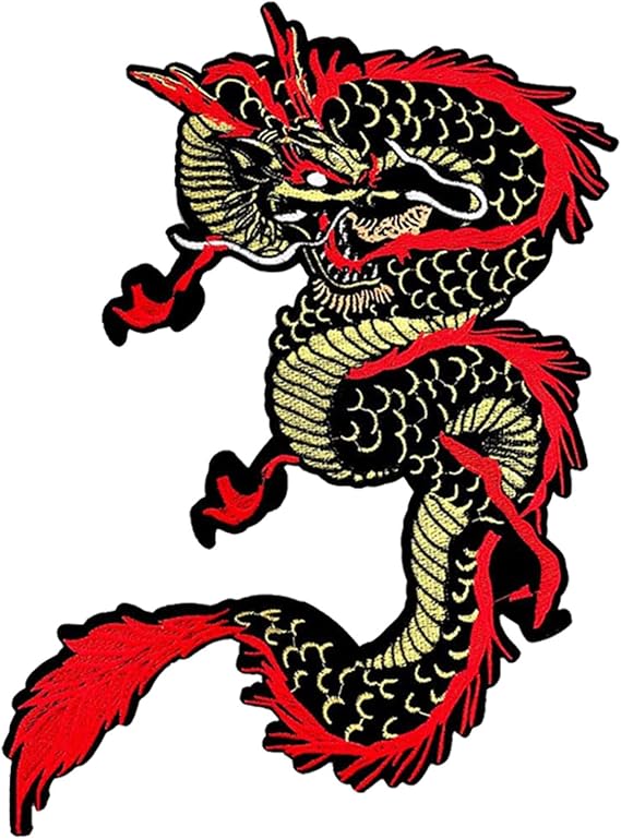 Gold Dragon Patches - Embroidered Applique Iron On Patch, Large Dragon Sew On Patch for Clothes Jackets DIY Costume (Red Gold)