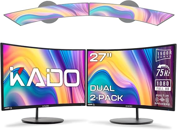 Kado 2-Pack Dual 27" Curved 1500R 1920x1080 75Hz FHD Computer Monitor | Dual Monitor Setup HDMI Office Gaming Hybrid, VESA Wall Mount Arm Mount Built-in Speakers, Panoramic Display Multi-tasking