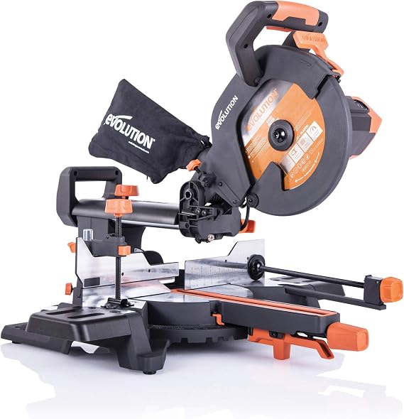 Evolution Power Tools R255SMS+ PLUS 10-Inch Sliding Miter Saw Plus Multi-Material Multi-Purpose Cutting Cuts Metal, Plastic, Wood & More 0 - 45 Bevel & 50 - 50 Miter Angles TCT Blade Included