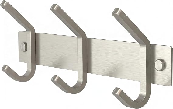 Small Coat Rack Wall Mount Brushed Nickel 9 Inch Stainless Steel Hook Rail with 3 Heavy Duty Double Coat Hooks Wall Mounted Coat Hanger for Entryway, Bathroom, Bedroom, Towel, Hat Organizer