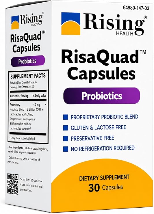 Rising Health RisaQuadTM Probiotic Capsules 40 mg (8 Billion CFU+) Proprietary Probiotic Blend for Daily Digestive & Gut Health Support | No Need for Refrigeration - 30 Capsules