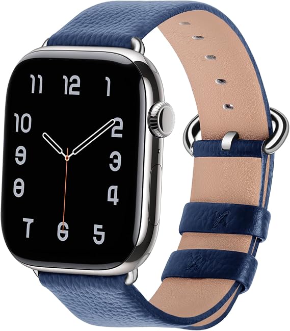 Fullmosa Band for Apple Watch 46/45/44/42mm(S3/2/1) | Fits iWatch Series 1-11 SE3/2/1,Top Grain Soft Genuine Leather Strap for Women Men Elegant Dark Blue&Silver