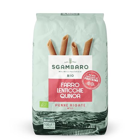 Sgambaro Organic Pasta Penne Rigate N.91-500 g with Spelt Flour Lentil Flour and Quinoa Flour - High Protein Content Source of Fibre and Protein