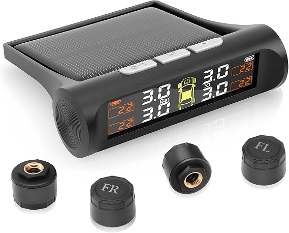 TPMS Tyre Pressure Monitoring System, Solar/USB Charging,Temp Alerts, Auto on/off, for RV, Sedan, SUV, MPV, Motorhom, etc, 4 External Sensors（3.5bar）