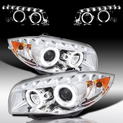 Autozensation Compatible with 2008-2013 BMW E81 E82 E88, Left  Right Pair Headlamps Assembly, Chrome Housing Clear Lens Headlights