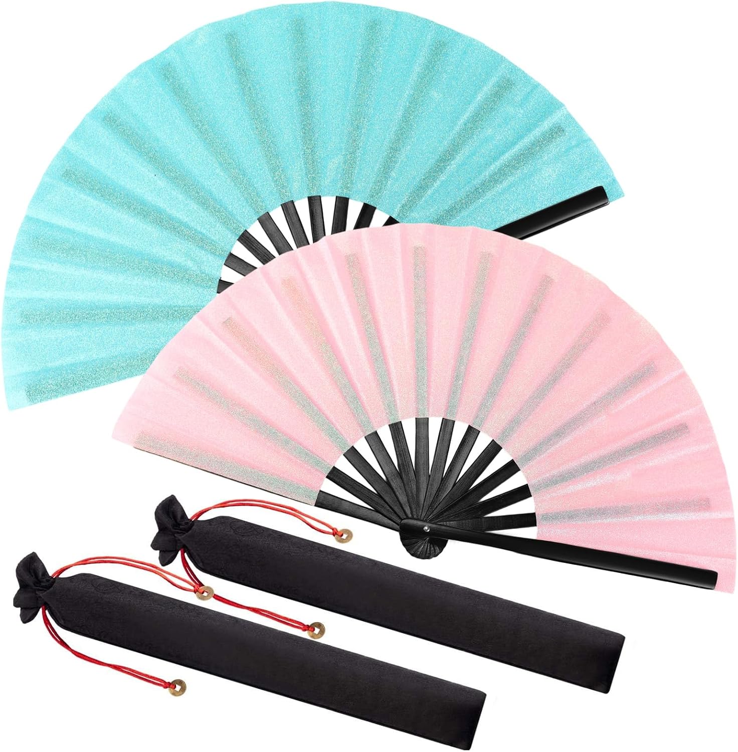 Maitys 2 Packs Large Clap Fans for Line Dancing Large Chinese Folding Hand Fans for Men and Women, Festival, Tai Ji, Kungfu, Martial Art, Gifts Glitter Pink and Light Blue