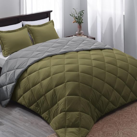 Basic Beyond Queen Comforter Set - Olive Green Comforter Set Queen, Reversible Bed Comforter Queen Set for All Seasons, Olive Green/Charcoal Gray, 1 Comforter (88"x92") and 2 Pillow Shams (20"x26"+2")