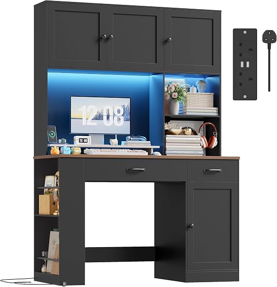 FirFurd Black Desk with Drawers Computer Desk with Storage Shelves & LED