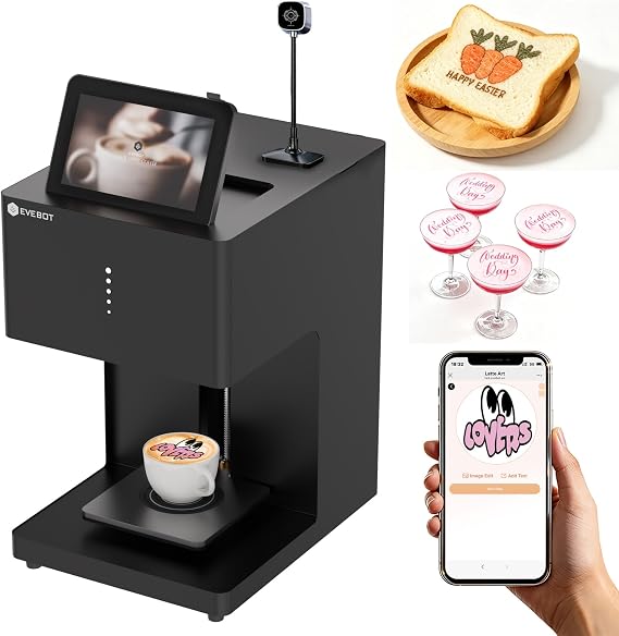 EVEBOT Colour Coffee Latte Art Machine EB-FC1 Food-Grade Coffee Printer with Camera Customized Selfie Photo Printing DIY Cake Personalized Decoration for Cafes Museums, Color FancyBox - Black