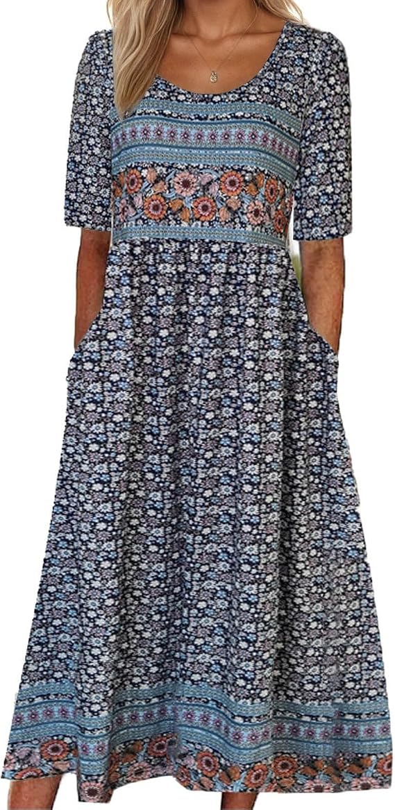 Women's Boho Floral Maxi Dress Casual Boho 2026 Summer Short Sleeve Beach Dresses with Pockets