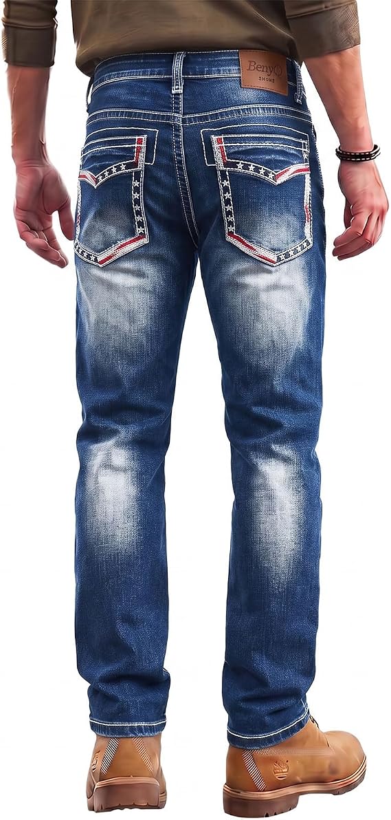 Men's Regular Fit Straight Leg Jeans Light Stretch Jeans Heavy Thick Stitch Denim Pants with Embroidery Casual Jeans