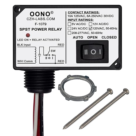 AC120V Power Relay Module SPSP-NO + Override Switch, 10Amp 125VAC, 6A 250VAC/30Vdc, Plastic Enclosure and Pre-Wired