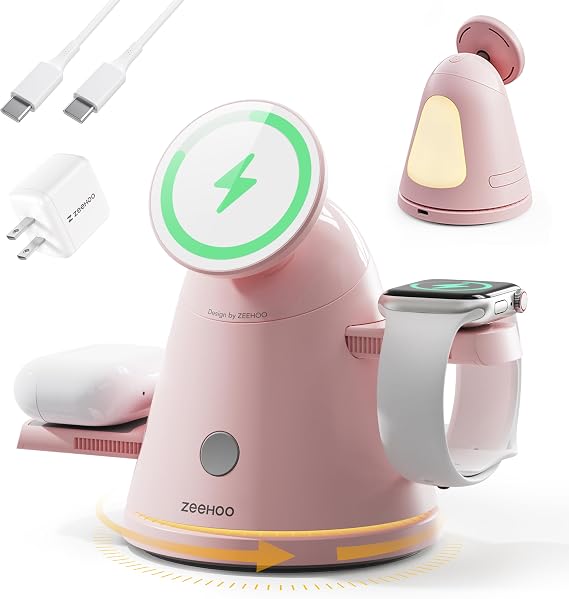 ZEEHOO 3 in 1 Charging Station for Apple Devices, Mag-Safe Charger Stand&Light,Fast Wireless Charging Station for iPhone 17/16/15/14/13/12&AirPods&iWatch &Pixel 10&Samsung Galaxy Watch,30W Adapter