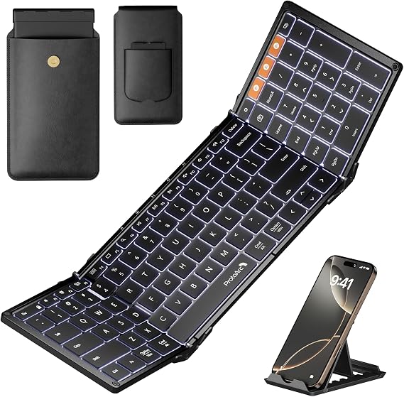 ProtoArc XK01 Plus Backlit Foldable Keyboard, 105-Key Full-Size, Black | 0.65 in Keycaps, Number Pad, 3-device Bluetooth 5.1 Switching, USB-C Charging, for Travel Business Night Workers