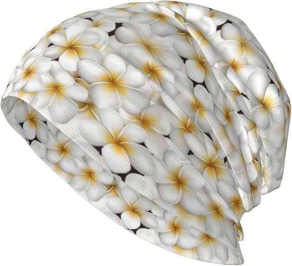 Cute White Plumeria Flower Beanie Chemo Cancer Headwear Hats for Women Men Slouchy Beanies Skull Cap Turban