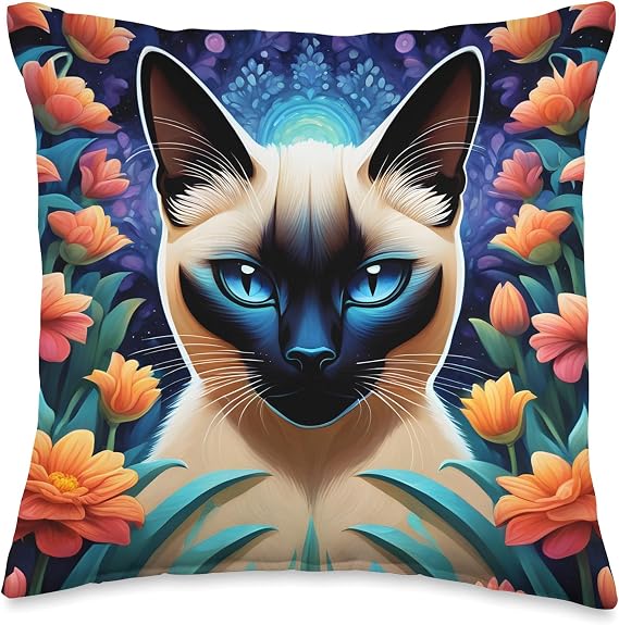 Fairyland Beautiful Siamese Cat in a Night Garden Throw Pillow, 16x16, Multicolor
