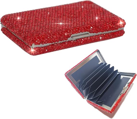 Business Card Case,Red Rhinestones Business Card Case Holder for Girl & Women,Bling Purse Credit Card Organizing Hard Case