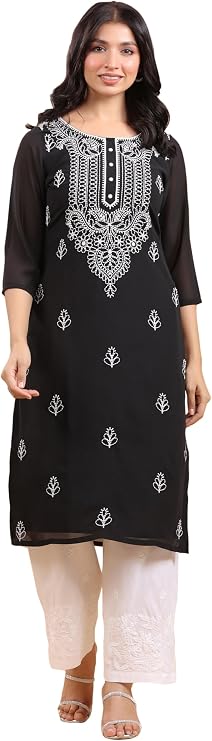 Janasya Indian Women's Georgette Black Embroidered Casual Wear Kurta for Women