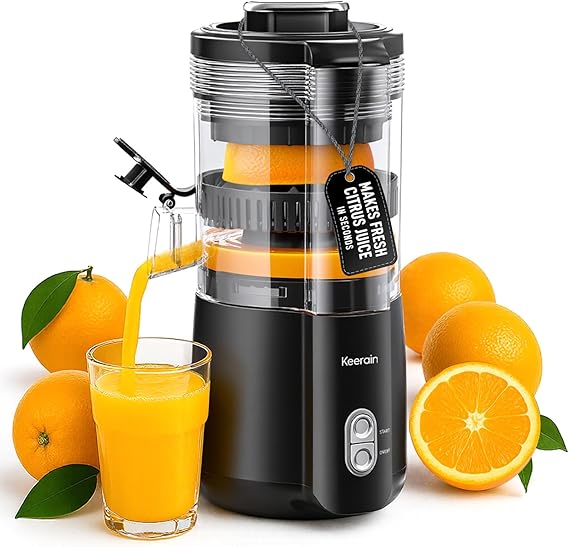 Keerain Electric Orange Juicer, Hand-Free Citrus Juicer Machine with Cleaning Brush, High-Performance Automatic Juice Squeezer for Oranges, Lemons, and Limes, Easy to Clean & Use