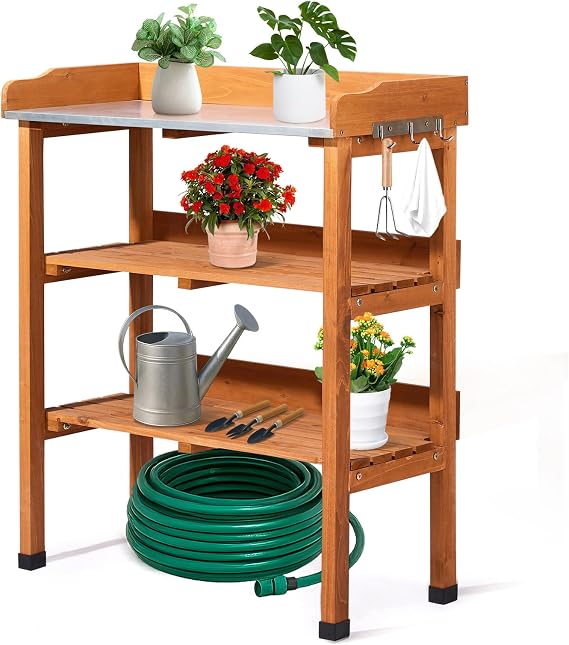 Wooden Potting Bench With Metal Tabletop, 74x36x90CM, Natural Wood