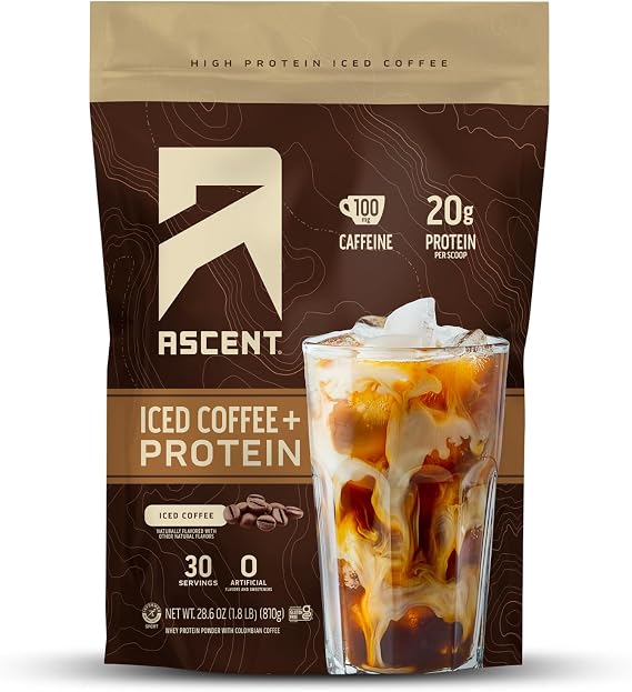 Ascent Iced Coffee Protein Powder - High Protein Coffee Powder, 20 g Protein & 100 mg Caffeine - 30 Servings