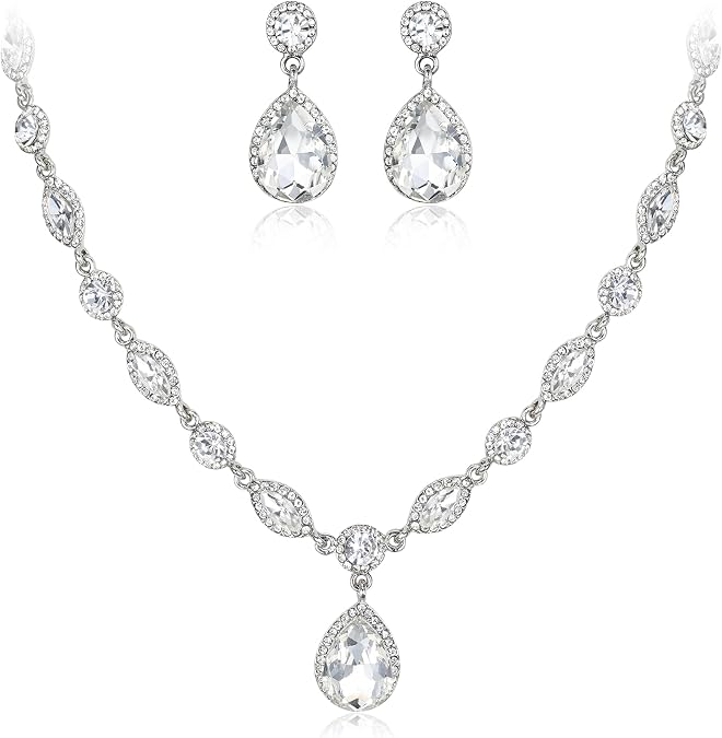 EleQueen Women's Teardrop Necklace Earrings Jewellery Set for Party Prom | Wedding Bridal Costume Jewelry Set for Brides Bridesmaids, Crystal Teardrop Necklace Dangle Earrings