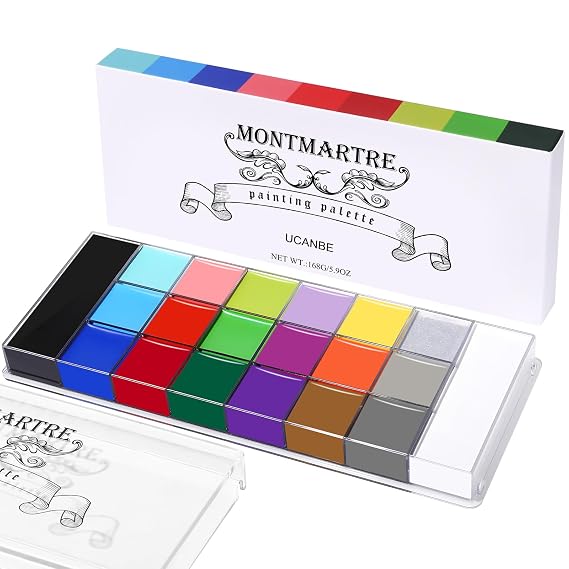 UCANBE Montmartre Face Body Paint Palette, 20 Colors Oil-Based Large Black & White Professional Painting Palette for Halloween FX Cosplay Party Costume Festival Stage Art Makeup Full Size 5.9oz