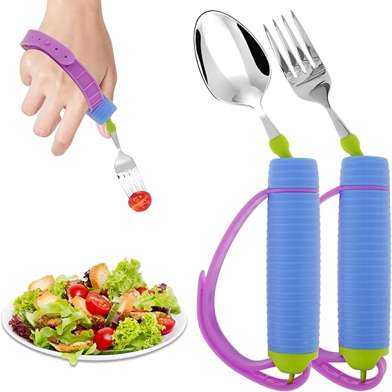 Adaptive Utensils with Nonslip Handle and Adjustable Silicone Strap, 360° Rotatable Adaptive Eating Utensils, Easy Grip Adaptive Spoon and Fork for Disability, Gadgets for Parkinson's Patients