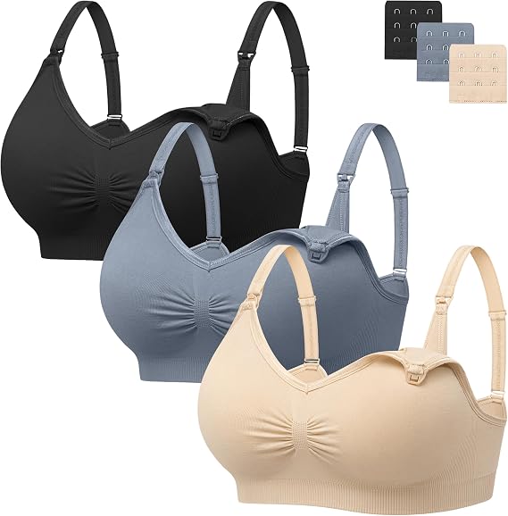 Angelhood Womens Seamless Sleep Nursing Bra,Breastfeeding Maternity Bra with Remove Bra Pads Extenders Pack of 3