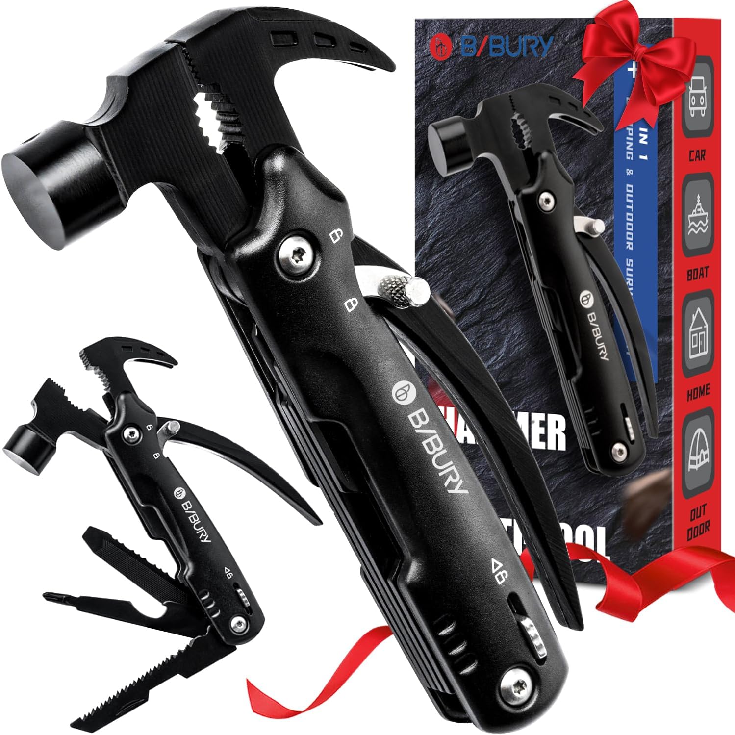 BIBURY Mini Hammer Multitool, Gifts for Men, Unique Valentine's Day Gifts Father's Day Birthday Gift Ideas, Outdoor Accessories Camping Tools for Hiking, DIY Activities, Home Improvement Black