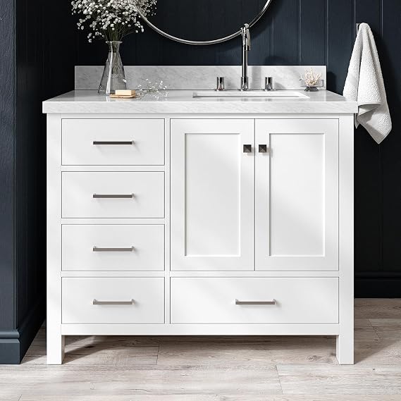 ARIEL Cambridge 42-inch Bathroom Vanity with Sink,Solid Wood, 1.5-inch Italian Carrara Marble Countertop, Single Rectangular Porcelain Sink, 2 Soft Closing Doors, 5 Dovetail Drawers, White