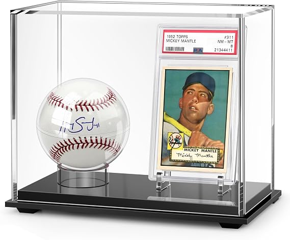 Acrylic Display Case Box for Baseball and Cards, Dual Baseball & Card Showcase with Ball Stand & PSA Slab Holders, Fit Top Loader, One Touch & PSA Sports Memorabilia Protector (Collector Edition)